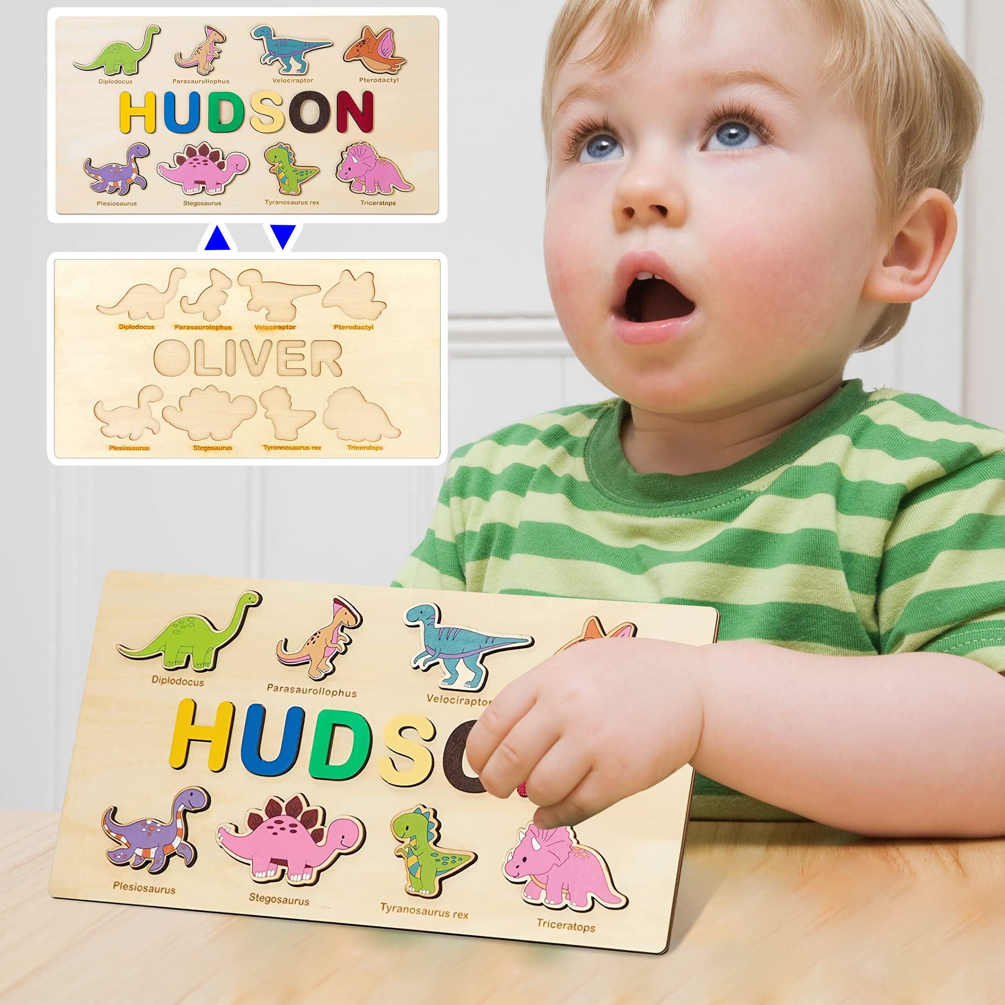 Personalized Name Puzzles, Wooden Custom Name Educational Puzzle Toys, for Preschool Early Education Toys Variety Styles, Creative Early Education for Baby Boys and Girls (8 Dinosaurs)