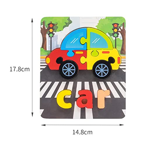 Almencla Children 3D Shapes Letter Wood Jigsaw Puzzle Montessori Toy Birthday Gift Vibrant Colors Early Learning Tool Accessories Rounded Edges, Automobile