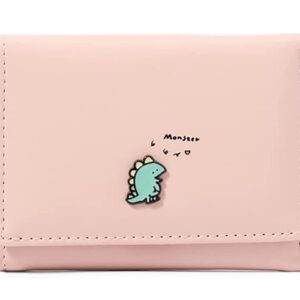 YaJaMa Cute Dinosaur Monster Women Wallet PU Leather Small Trifold Cerdit Card Case Holder Organizer for Teen Girls with ID Window (Pink)