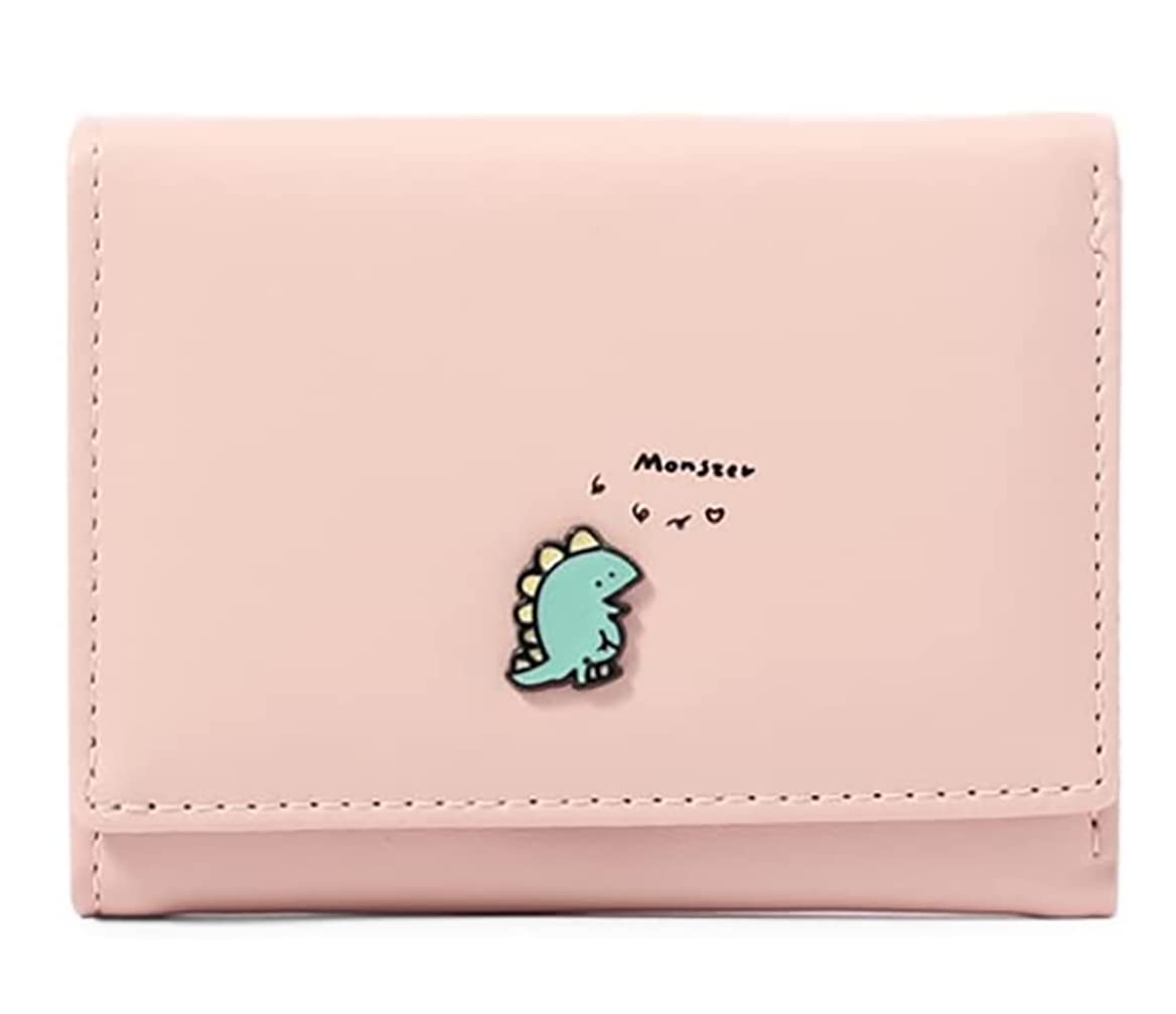 YaJaMa Cute Dinosaur Monster Women Wallet PU Leather Small Trifold Cerdit Card Case Holder Organizer for Teen Girls with ID Window (Pink)