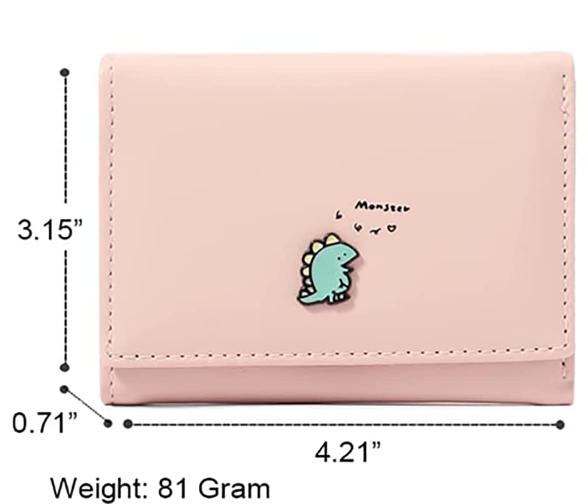 YaJaMa Cute Dinosaur Monster Women Wallet PU Leather Small Trifold Cerdit Card Case Holder Organizer for Teen Girls with ID Window (Pink)