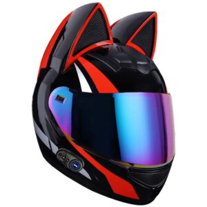 Bluetooth Motorcycle Cat Ear Helmet, Adult ATV Motocross Full Face Helmet DOT Certified Modular Flip up Front Motorbike Helmet for Adults Men Women Speaker with Microphone Headset-I-Large