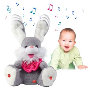 MIAODAM Peek-A-Boo Bunny Toy for Toddlers 1-3, Talking Stuffed Animal Repeats Your Words, Sings Children Songs & Lullabies, Interactive Plush with Floppy Ears (Grey)