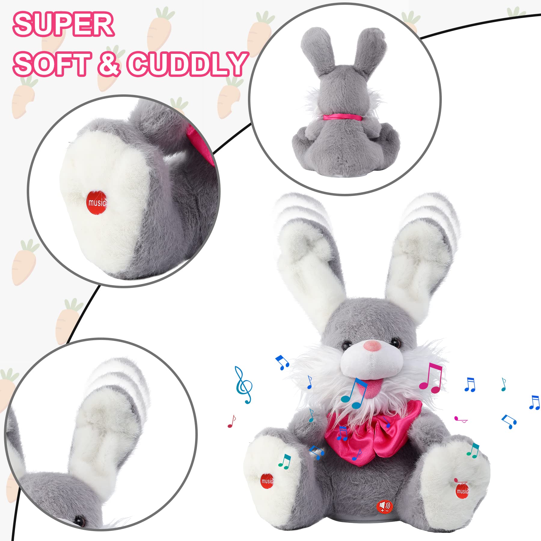 MIAODAM Peek-A-Boo Bunny Toy for Toddlers 1-3, Talking Stuffed Animal Repeats Your Words, Sings Children Songs & Lullabies, Interactive Plush with Floppy Ears (Grey)