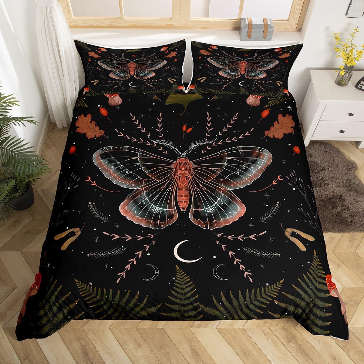 Manfei Kids Butterfly Duvet Cover Set Full Size, Red Mushroom Bedding Set 3pcs for Boys Girls Bedroom Decor, Botanical Floral Print Comforter Cover Boho Stars Moon Quilt Cover with 2 Pillowcases