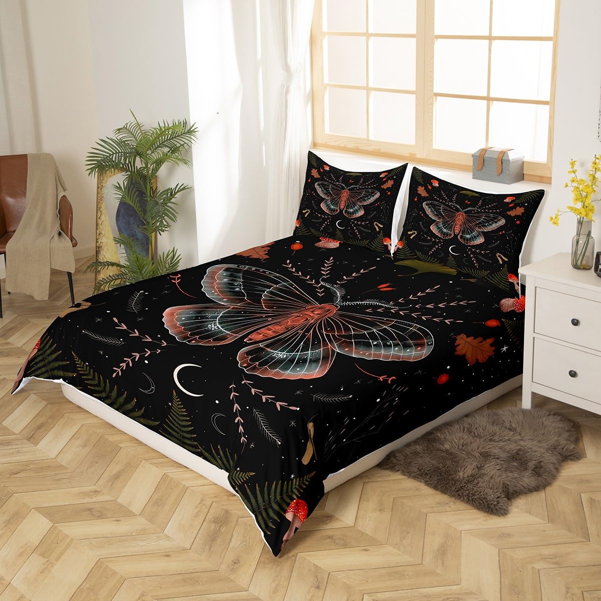 Manfei Kids Butterfly Duvet Cover Set Full Size, Red Mushroom Bedding Set 3pcs for Boys Girls Bedroom Decor, Botanical Floral Print Comforter Cover Boho Stars Moon Quilt Cover with 2 Pillowcases