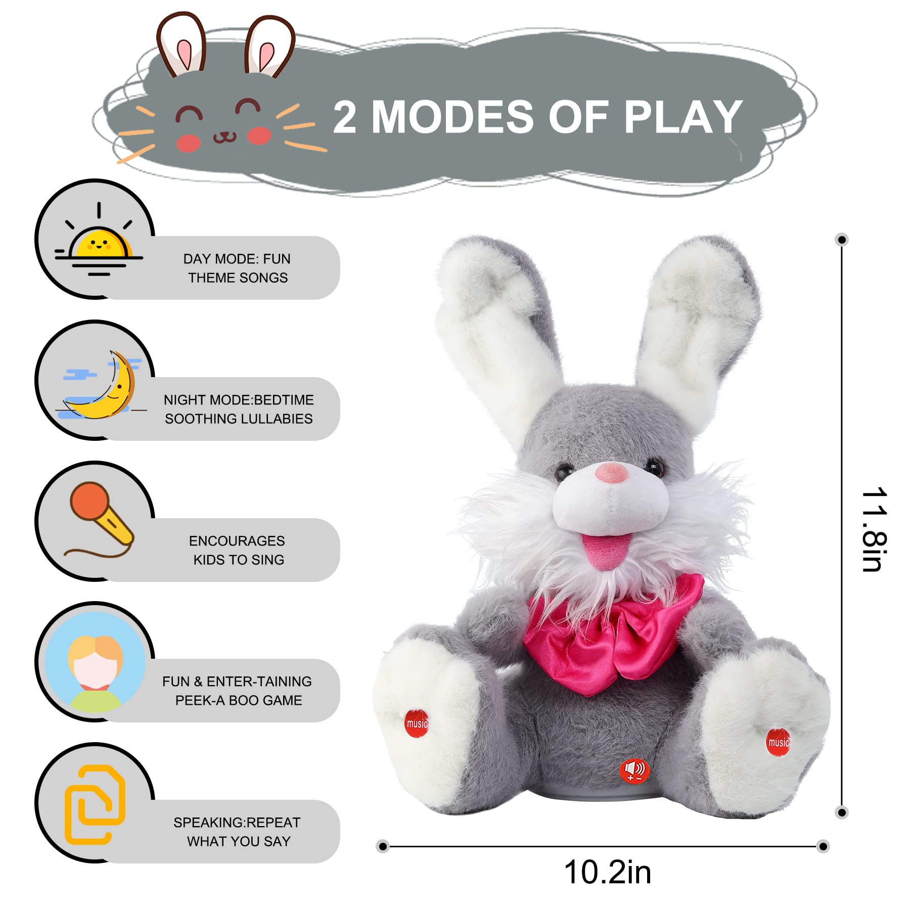 MIAODAM Peek-A-Boo Bunny Toy for Toddlers 1-3, Talking Stuffed Animal Repeats Your Words, Sings Children Songs & Lullabies, Interactive Plush with Floppy Ears (Grey)