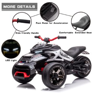 POSTACK 24V Kids Ride on Police Motorcycle, 3 Wheeler Ride On ATV for Boys Girls, Battery Powered Electric Vehicle for Toddlers with LED Lights, Music, Horn, Black