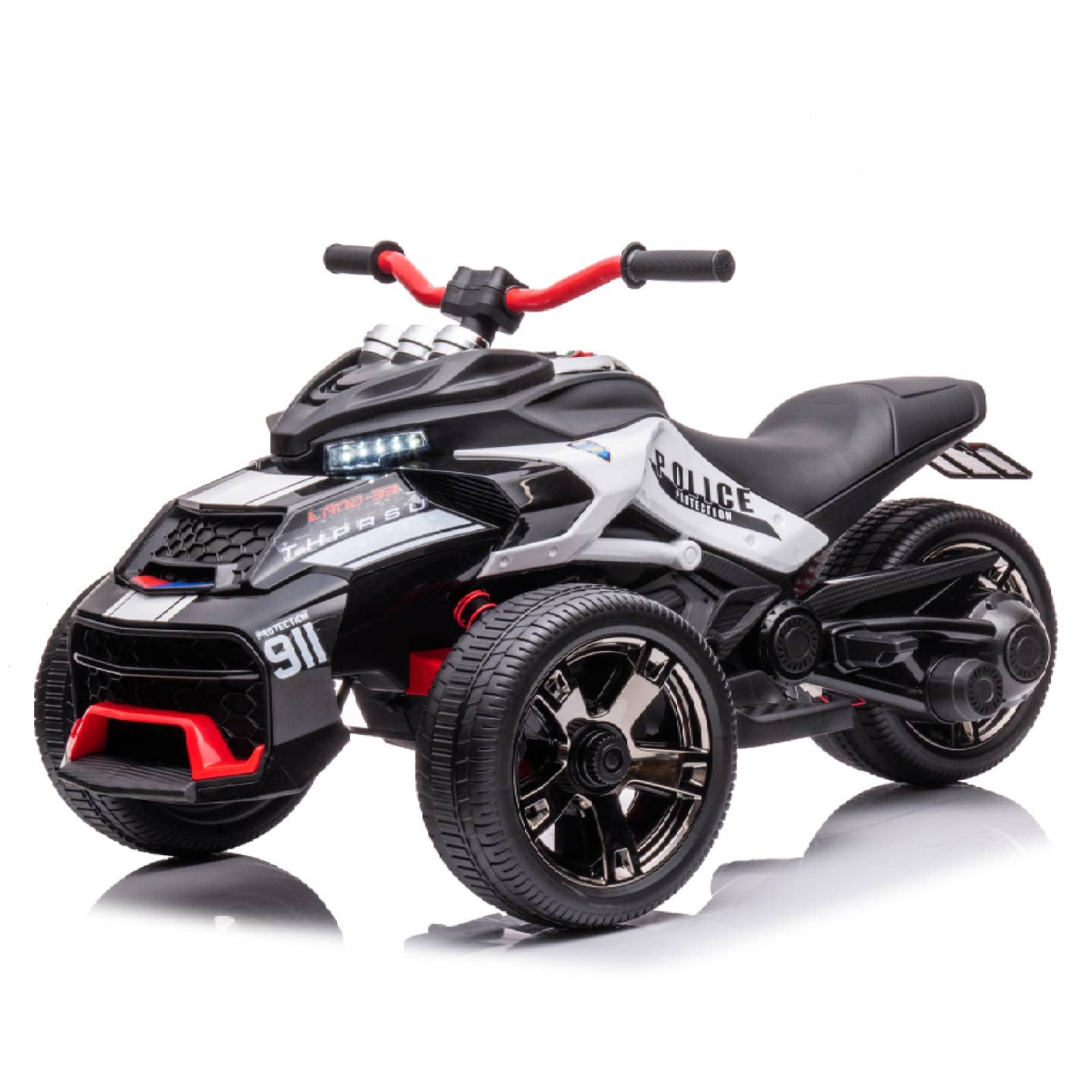 POSTACK 24V Kids Ride on Police Motorcycle, 3 Wheeler Ride On ATV for Boys Girls, Battery Powered Electric Vehicle for Toddlers with LED Lights, Music, Horn, Black