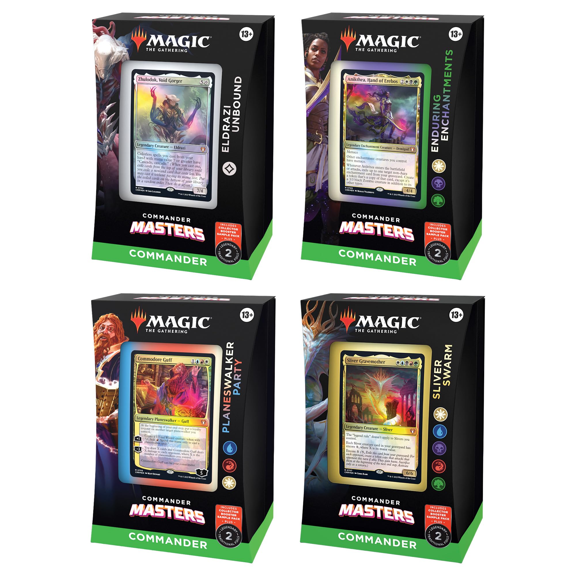 Magic: The Gathering Commander Masters Commander Deck Bundle – Includes Set of 4 Decks (1 Eldrazi Unbound, 1 Enduring Enchantments, 1 Planeswalker Party, and 1 Sliver Swarm)