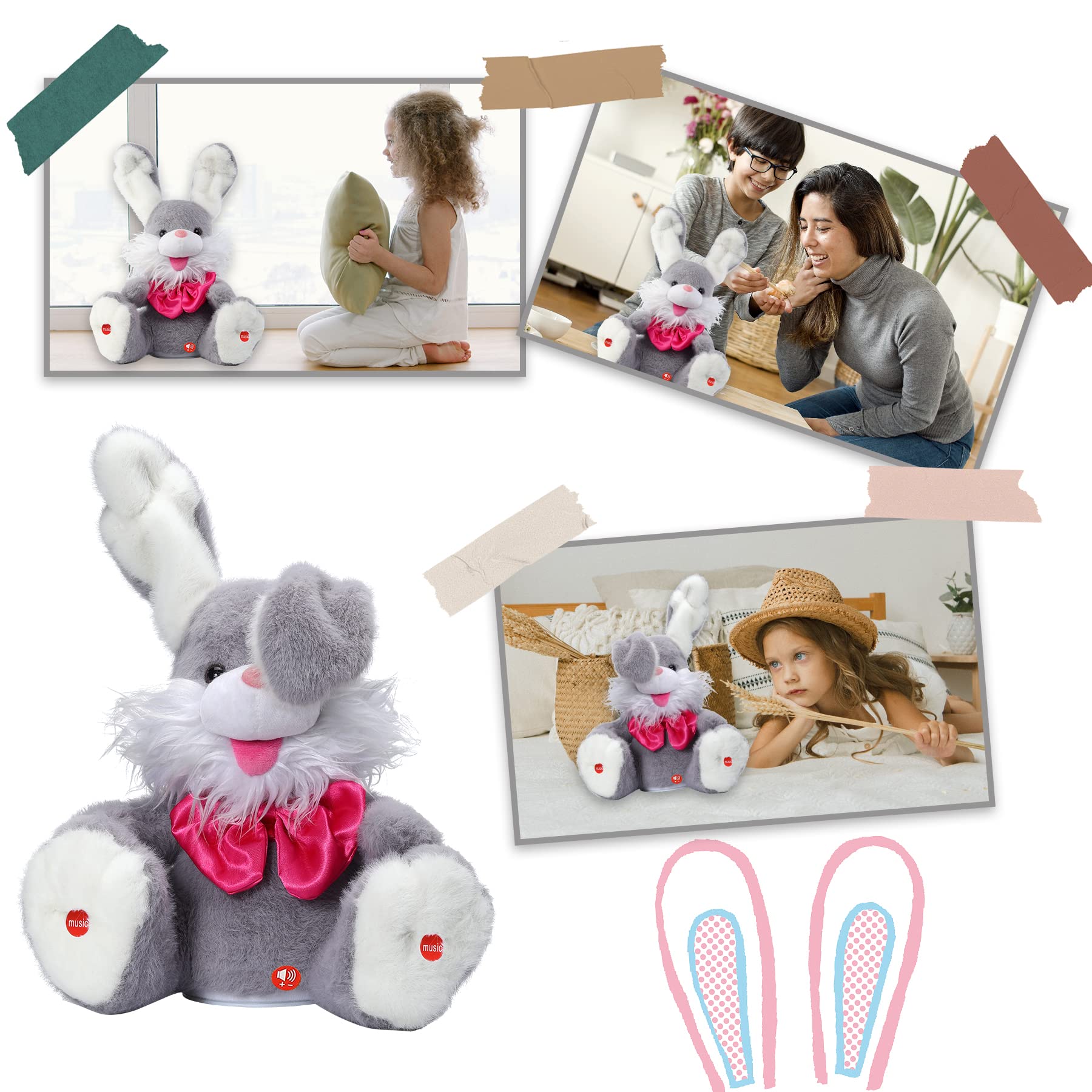 MIAODAM Peek-A-Boo Bunny Toy for Toddlers 1-3, Talking Stuffed Animal Repeats Your Words, Sings Children Songs & Lullabies, Interactive Plush with Floppy Ears (Grey)