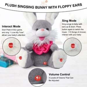 MIAODAM Peek-A-Boo Bunny Toy for Toddlers 1-3, Talking Stuffed Animal Repeats Your Words, Sings Children Songs & Lullabies, Interactive Plush with Floppy Ears (Grey)