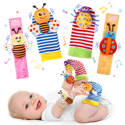 PADONISE Baby Wrist Rattle Socks and Foot Finder Set Baby Rattles Toys for 0-12 Month, Infant Girl Boy Toys for Babies 3-6 Months, Newborn Hand & Foot Toys for 0 to 9 Months, Baby Shower Gifts