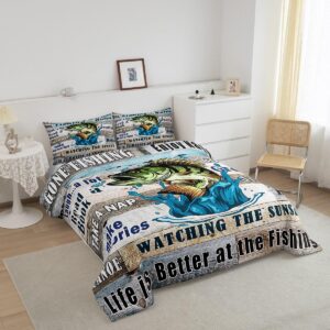 Bass Fish Fishing Theme Kids Comforter Set Queen Size,Lake House Cabin Camper Bedding Set,Girls Boys Adults Room Decor,Teal Wooden Plank Down Comforter,Rustic Farmhouse Duvet Insert,2 Pillowcases