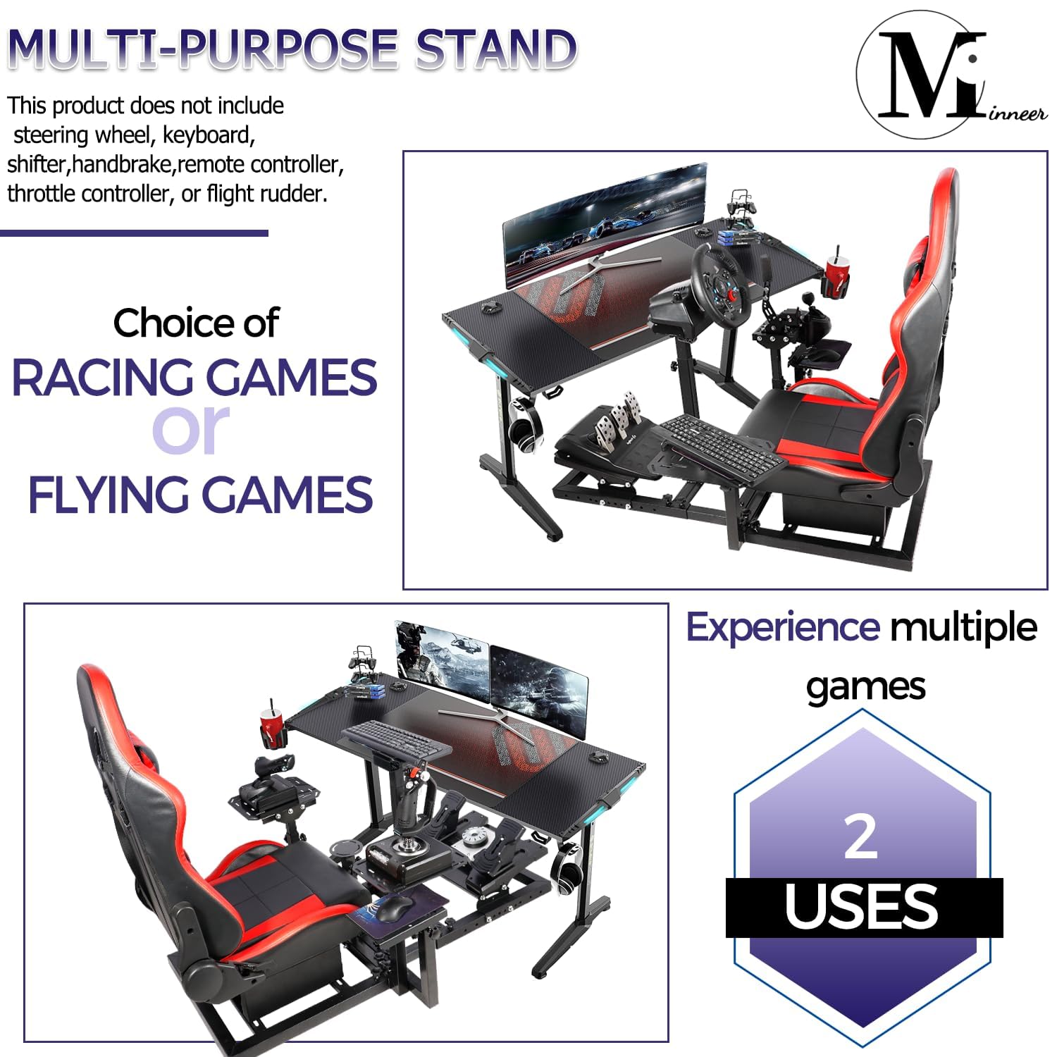 Minneer Racing Flight Simulator Cockpit with Red Seat Fit for Logitech/Thrustmaster/Fanatec X56 X52 G29 G920 G923 T248 TX,Adjustable Drive Gaming Wheel Stand.Wheel,Pedals & Handbrake Not Included