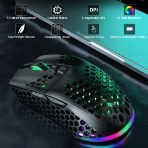 SOLAKAKA SM600 Honeycomb Shell Gaming Mouse Wireless,8000 DPI Tri-Modes BT5.1/2.4G Wireless/Type-C Wired Gamer Mouse with 2 Side Buttons, Macro Programmable and RGB Light for PC/Mac/Laptop,Black