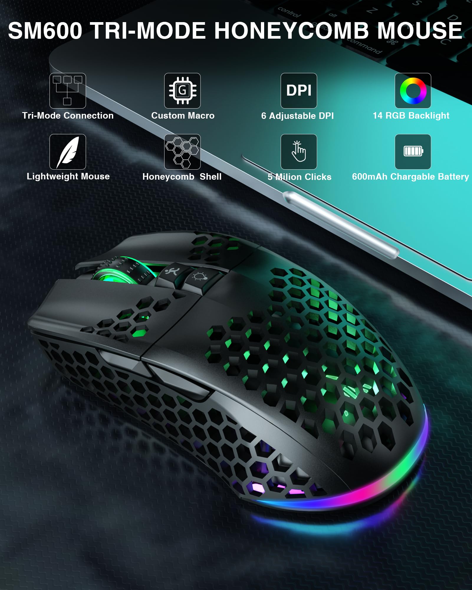 SOLAKAKA SM600 Honeycomb Shell Gaming Mouse Wireless,8000 DPI Tri-Modes BT5.1/2.4G Wireless/Type-C Wired Gamer Mouse with 2 Side Buttons, Macro Programmable and RGB Light for PC/Mac/Laptop,Black