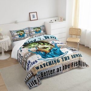 Bass Fish Fishing Theme Kids Comforter Set Queen Size,Lake House Cabin Camper Bedding Set,Girls Boys Adults Room Decor,Teal Wooden Plank Down Comforter,Rustic Farmhouse Duvet Insert,2 Pillowcases