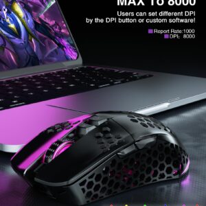 SOLAKAKA SM600 Honeycomb Shell Gaming Mouse Wireless,8000 DPI Tri-Modes BT5.1/2.4G Wireless/Type-C Wired Gamer Mouse with 2 Side Buttons, Macro Programmable and RGB Light for PC/Mac/Laptop,Black