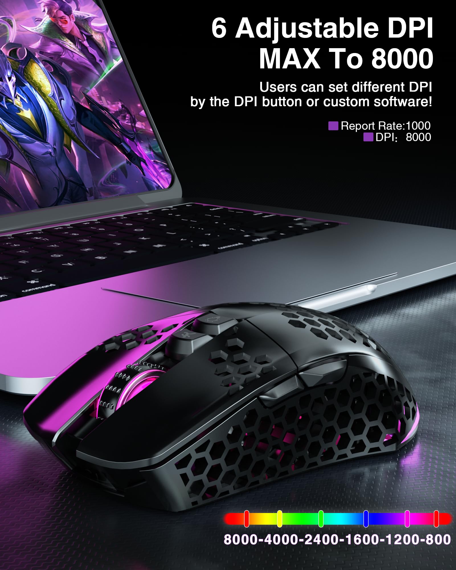 SOLAKAKA SM600 Honeycomb Shell Gaming Mouse Wireless,8000 DPI Tri-Modes BT5.1/2.4G Wireless/Type-C Wired Gamer Mouse with 2 Side Buttons, Macro Programmable and RGB Light for PC/Mac/Laptop,Black