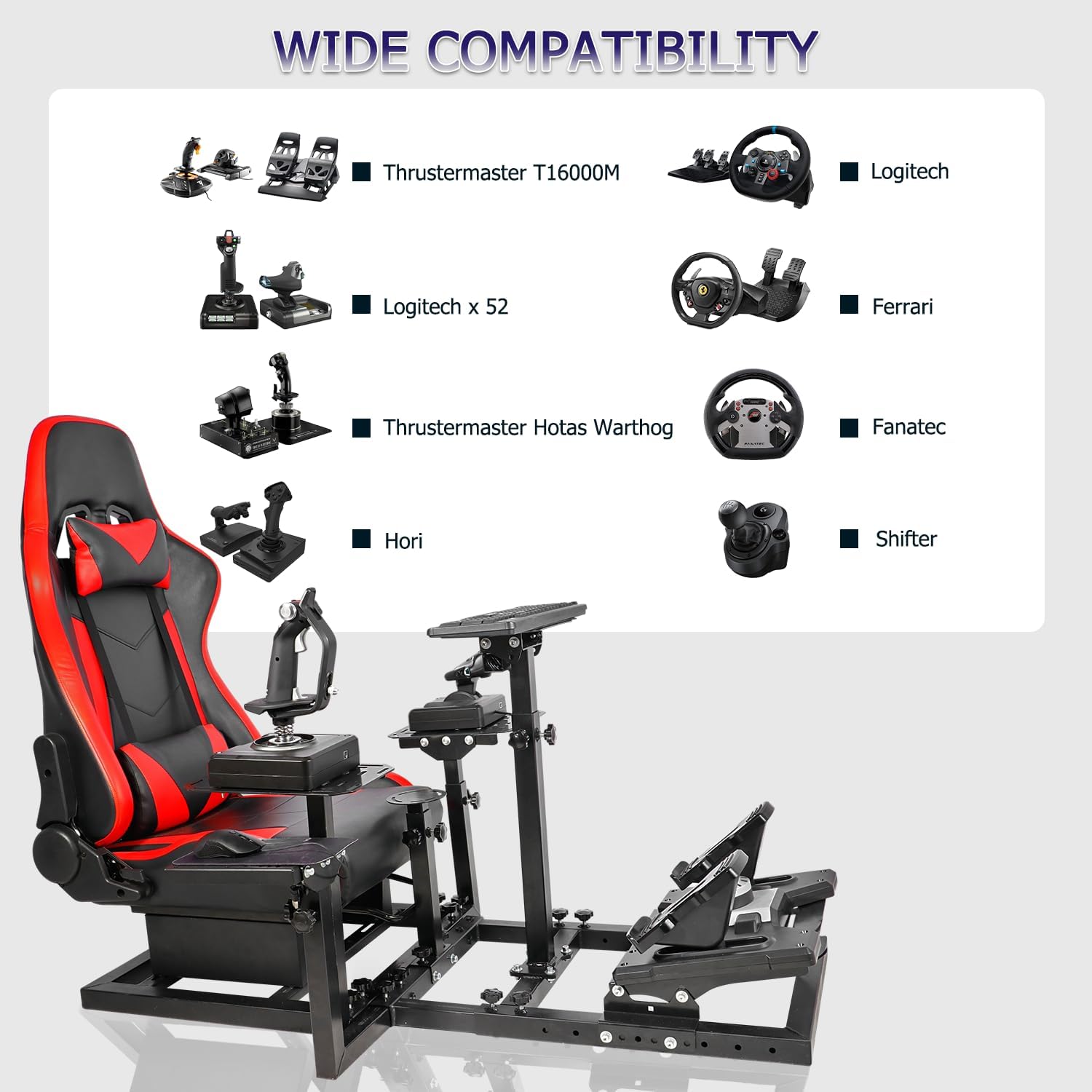 Minneer Racing Flight Simulator Cockpit with Red Seat Fit for Logitech/Thrustmaster/Fanatec X56 X52 G29 G920 G923 T248 TX,Adjustable Drive Gaming Wheel Stand.Wheel,Pedals & Handbrake Not Included