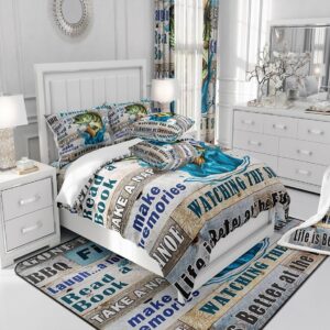 Bass Fish Fishing Theme Kids Comforter Set Queen Size,Lake House Cabin Camper Bedding Set,Girls Boys Adults Room Decor,Teal Wooden Plank Down Comforter,Rustic Farmhouse Duvet Insert,2 Pillowcases