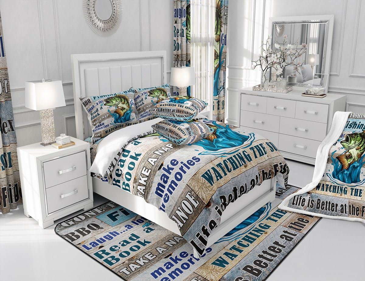 Bass Fish Fishing Theme Kids Comforter Set Queen Size,Lake House Cabin Camper Bedding Set,Girls Boys Adults Room Decor,Teal Wooden Plank Down Comforter,Rustic Farmhouse Duvet Insert,2 Pillowcases