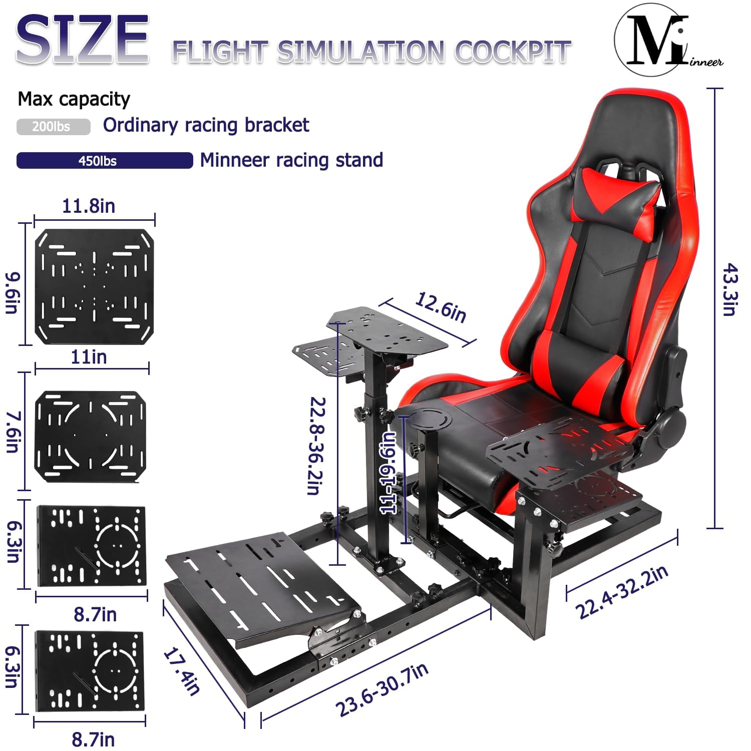 Minneer Racing Flight Simulator Cockpit with Red Seat Fit for Logitech/Thrustmaster/Fanatec X56 X52 G29 G920 G923 T248 TX,Adjustable Drive Gaming Wheel Stand.Wheel,Pedals & Handbrake Not Included