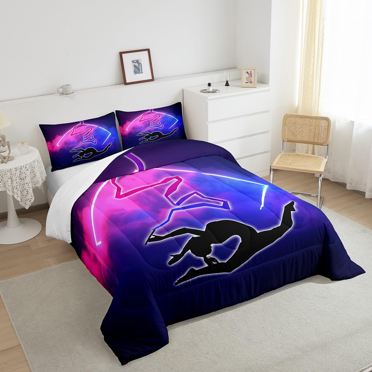 Manfei Gymnastics Comforter Set Queen Size, Fashion Sports Theme Bedding Set 3pcs for Kids Boys Girls Room Decor, Modern Rhythmic Art Quilt Set Soft Polyester Duvet Set with 2 Pillowcases