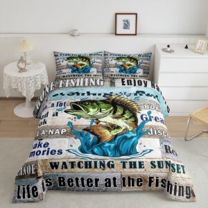 Bass Fish Fishing Theme Kids Comforter Set Queen Size,Lake House Cabin Camper Bedding Set,Girls Boys Adults Room Decor,Teal Wooden Plank Down Comforter,Rustic Farmhouse Duvet Insert,2 Pillowcases