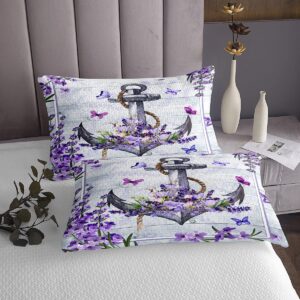 Anchor Nautical Kids Bedspread Queen Size,Purple Lavender Butterfly Romantic Coverlet Set,Girls Boys Adults Room Decor,Old Wooden Plank Rustic Quilted Coverlet,Farmhouse Bedding Quilt,2 Pillowcases