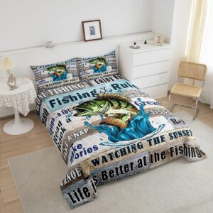 Bass Fish Fishing Theme Kids Comforter Set Queen Size,Lake House Cabin Camper Bedding Set,Girls Boys Adults Room Decor,Teal Wooden Plank Down Comforter,Rustic Farmhouse Duvet Insert,2 Pillowcases