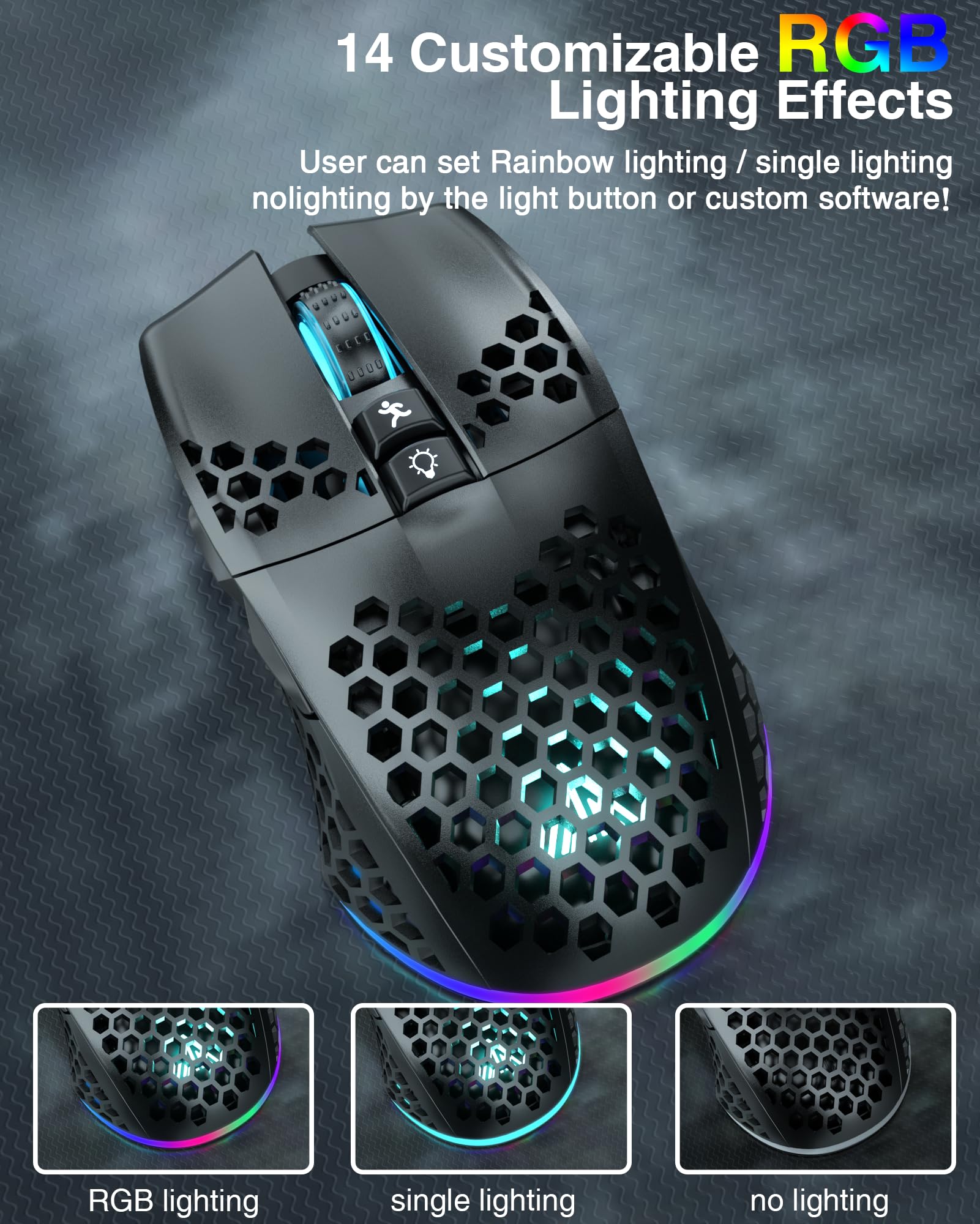 SOLAKAKA SM600 Honeycomb Shell Gaming Mouse Wireless,8000 DPI Tri-Modes BT5.1/2.4G Wireless/Type-C Wired Gamer Mouse with 2 Side Buttons, Macro Programmable and RGB Light for PC/Mac/Laptop,Black