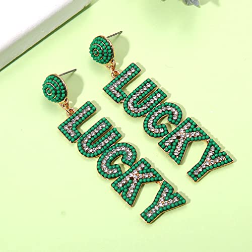 St. Patrick's Day Earrings Shamrock Earrings for Women, Sparkling Rhinestone Lucky Irish Earrings, Green Beaded Dangle Earrings St. Patrick's Day Accessories Gifts (Lucky 2)