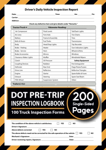 DOT Pre Trip Inspection Book: 100 Truck Inspection Forms on 200 Single-Sided Pages for Hassle-Free Inspections