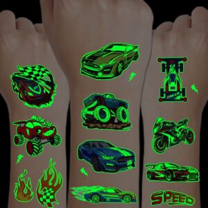 charlent luminous race car tattoos for kids - 24 sheets glow in the dark racecar temporary tattoos for boys birthday party favors goodie bag fillers