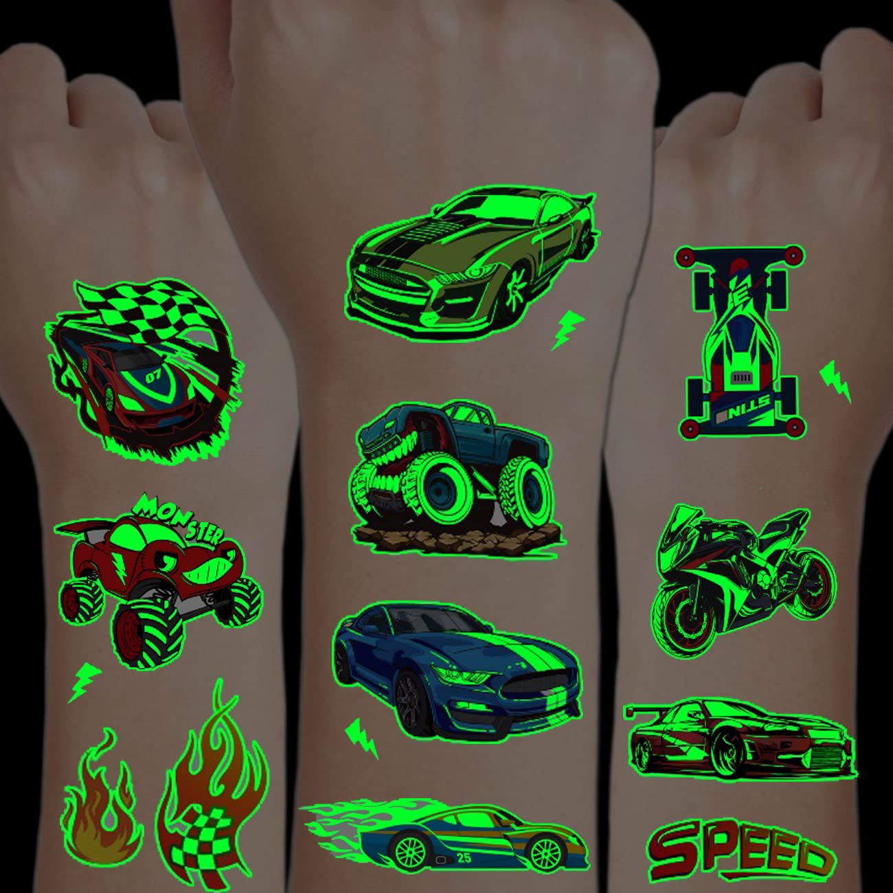 CHARLENT Luminous Race Car Tattoos for Kids - 24 Sheets Glow in The Dark RaceCar Temporary Tattoos for Boys Birthday Party Favors Goodie Bag Fillers