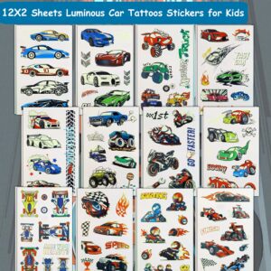 CHARLENT Luminous Race Car Tattoos for Kids - 24 Sheets Glow in The Dark RaceCar Temporary Tattoos for Boys Birthday Party Favors Goodie Bag Fillers