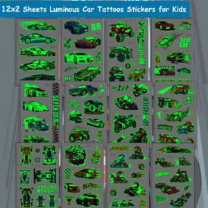 CHARLENT Luminous Race Car Tattoos for Kids - 24 Sheets Glow in The Dark RaceCar Temporary Tattoos for Boys Birthday Party Favors Goodie Bag Fillers