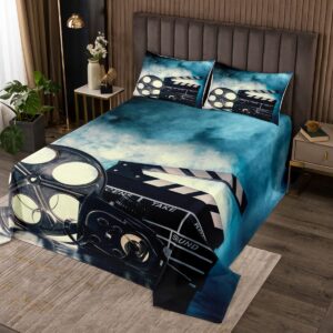 Movie Theme Kids Bedspread Queen Size,Roll Film Cinema Theater Old Fashion Coverlet Set,Girls Boys Adults Room Decor,Blue Smoke Trippy Quilted Coverlet,Retro Stylish Bedding Quilt,2 Pillowcases