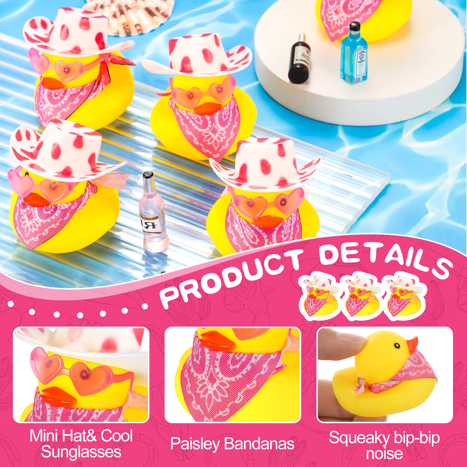 Jexine 24 Pcs Cowboy Rubber Duck, Cowboy Rubber Duck Mini Rubber Duckies with Hat Glasses Scarf Shower Party Favor(Cow Pattern)