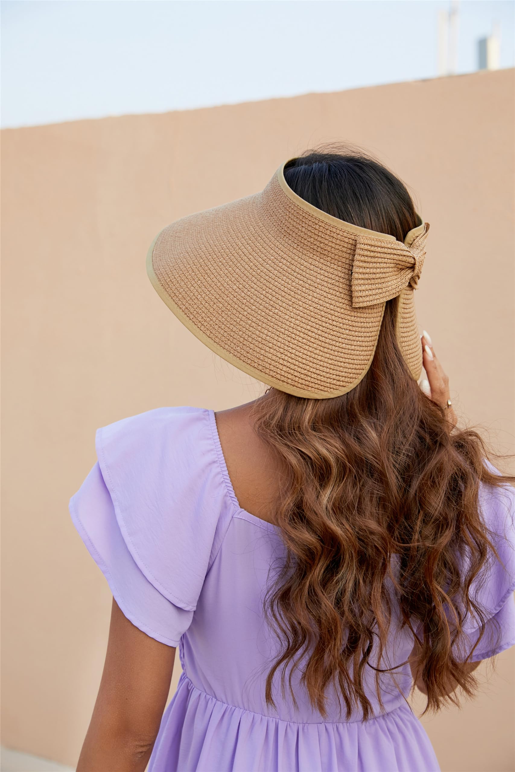 Women Sun Visor Fordable Wide Brim Summer Straw Hat Roll up Adjustable Beach Hat with Bowtie