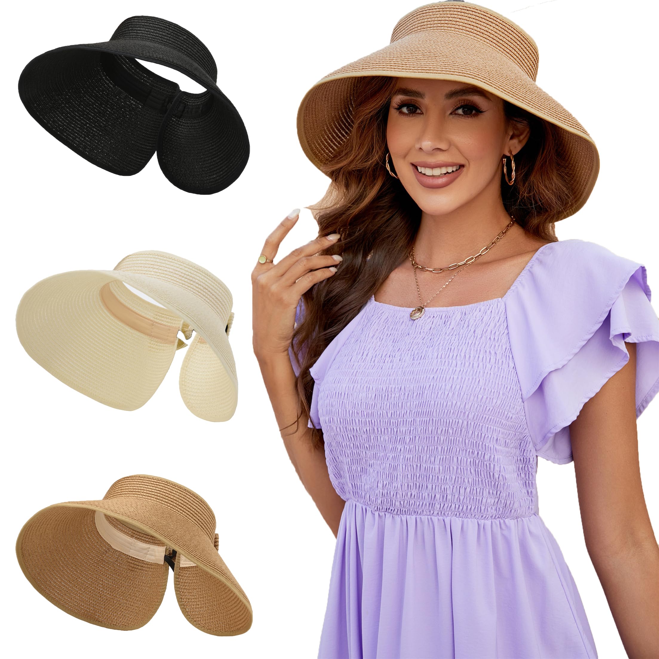 Women Sun Visor Fordable Wide Brim Summer Straw Hat Roll up Adjustable Beach Hat with Bowtie