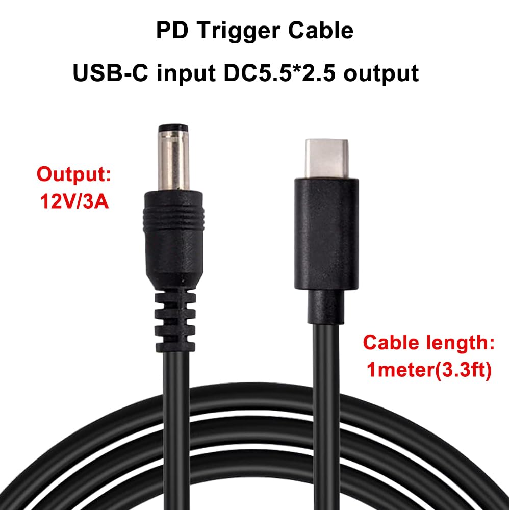 Euogeudel 2PCS 3.3ft PD 12V 3A Trigger USB Type C Male Input to DC 5.5 x 2.5mm Male Power Cable