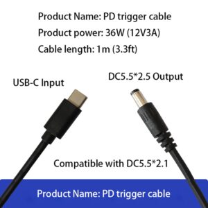 Euogeudel 2PCS 3.3ft PD 12V 3A Trigger USB Type C Male Input to DC 5.5 x 2.5mm Male Power Cable