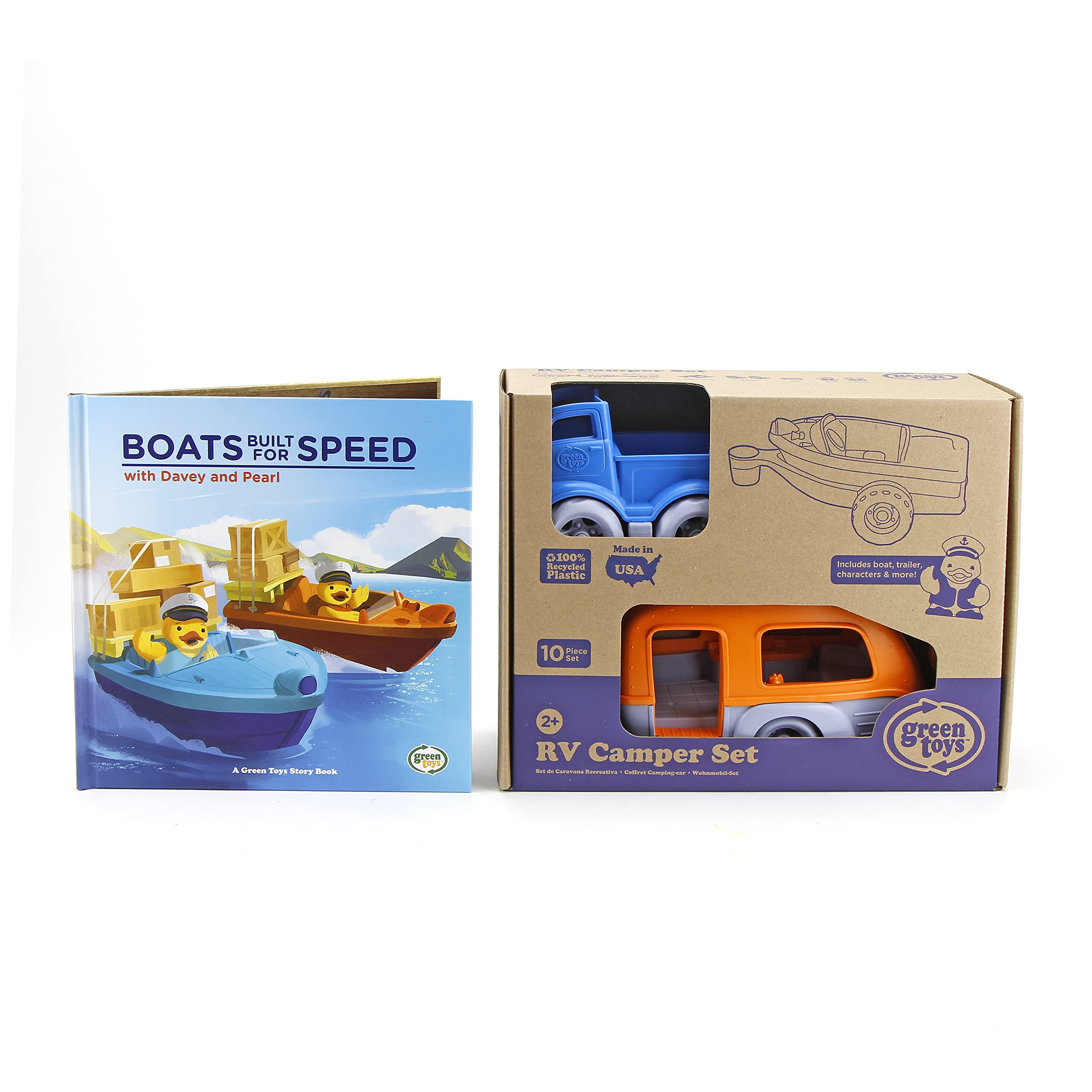 Green Toys RV Camper Set & Boats Built for Speed Storybook