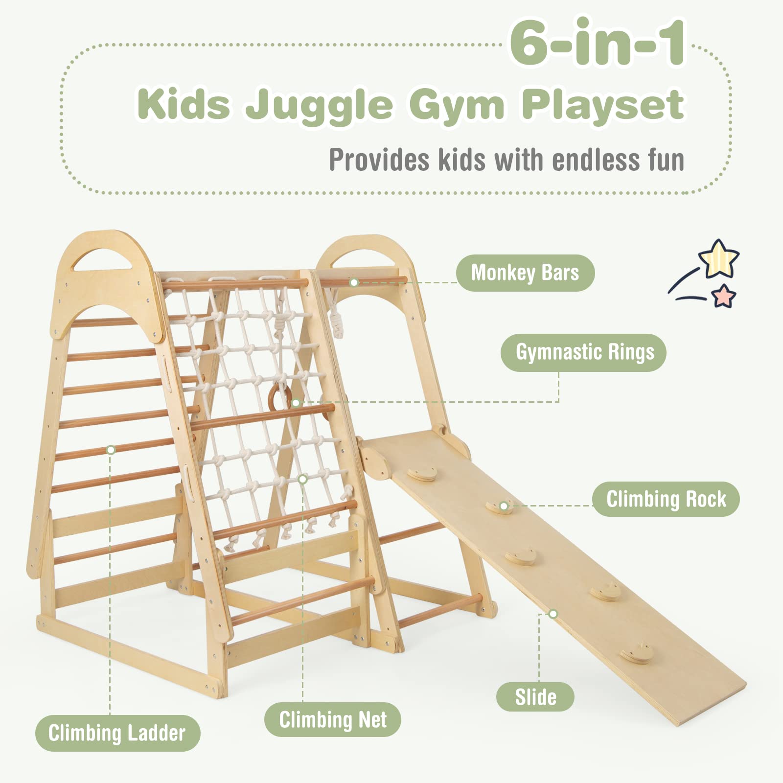 GLACER 6-in-1 Kids Indoor Playground, Wooden Climbing Toys Playset w/Slide, Money Bars, Gymnastics Rings, Climbing Net, Climbing Ladder & Tent, Indoor Jungle Gym for Toddlers Over 1 Year Old