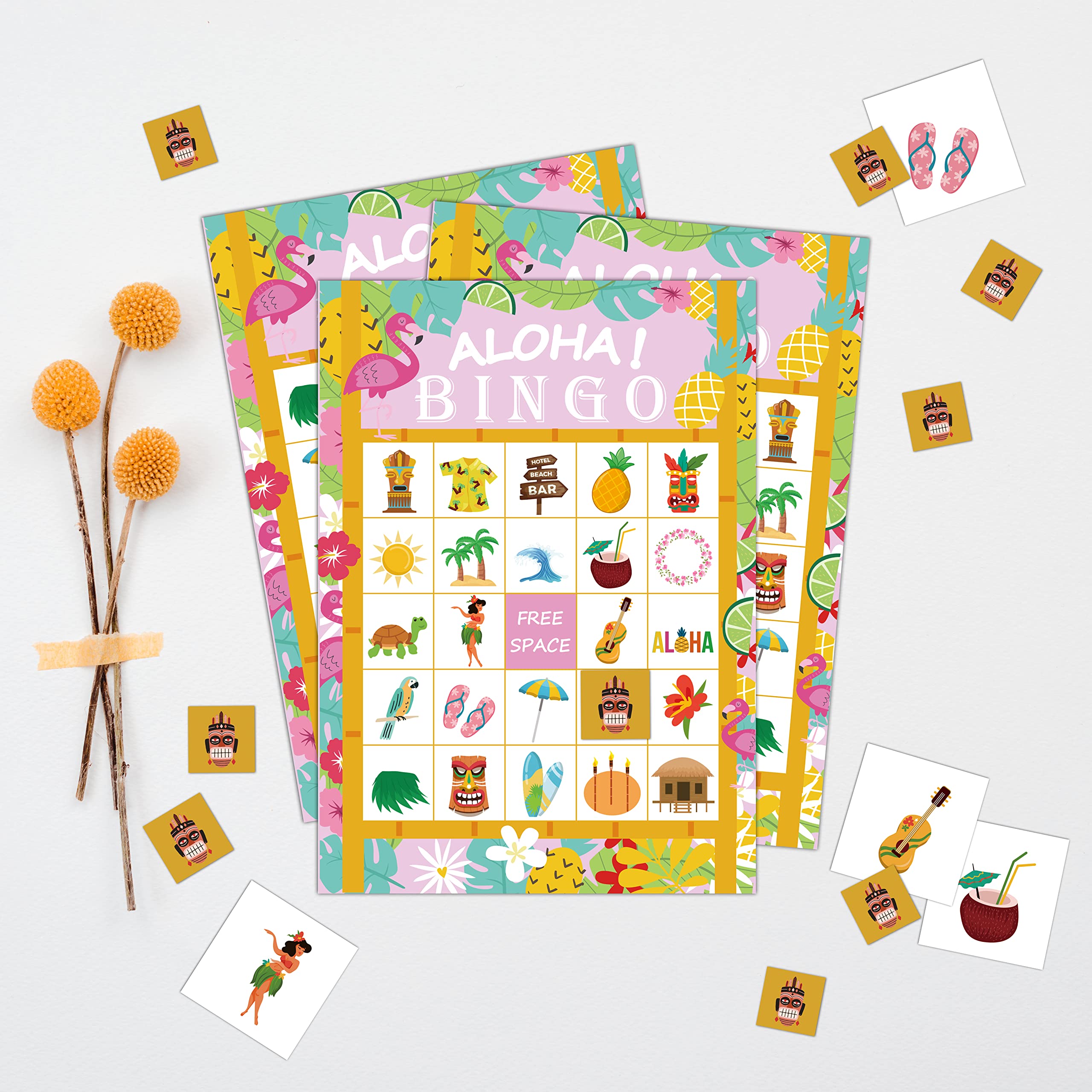 5"x7" Hawaiian Bingo Game Cards (24 Kinds), Luau Aloha Tropical Summer Party Game, Outdoor Indoor, Hiking, Trip Activities, Family Vacation Travel Bingo, Activity Games -010alohal