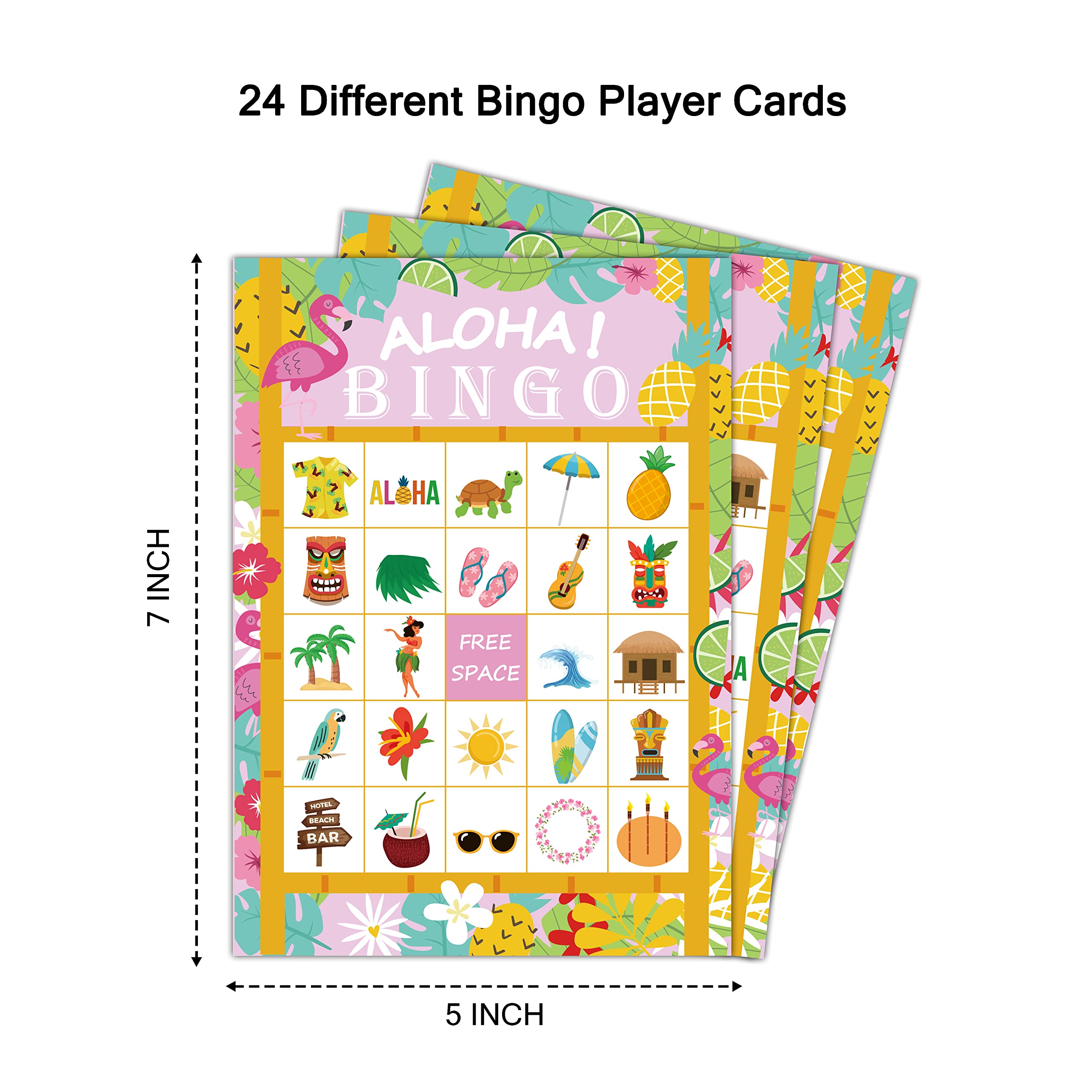 5"x7" Hawaiian Bingo Game Cards (24 Kinds), Luau Aloha Tropical Summer Party Game, Outdoor Indoor, Hiking, Trip Activities, Family Vacation Travel Bingo, Activity Games -010alohal