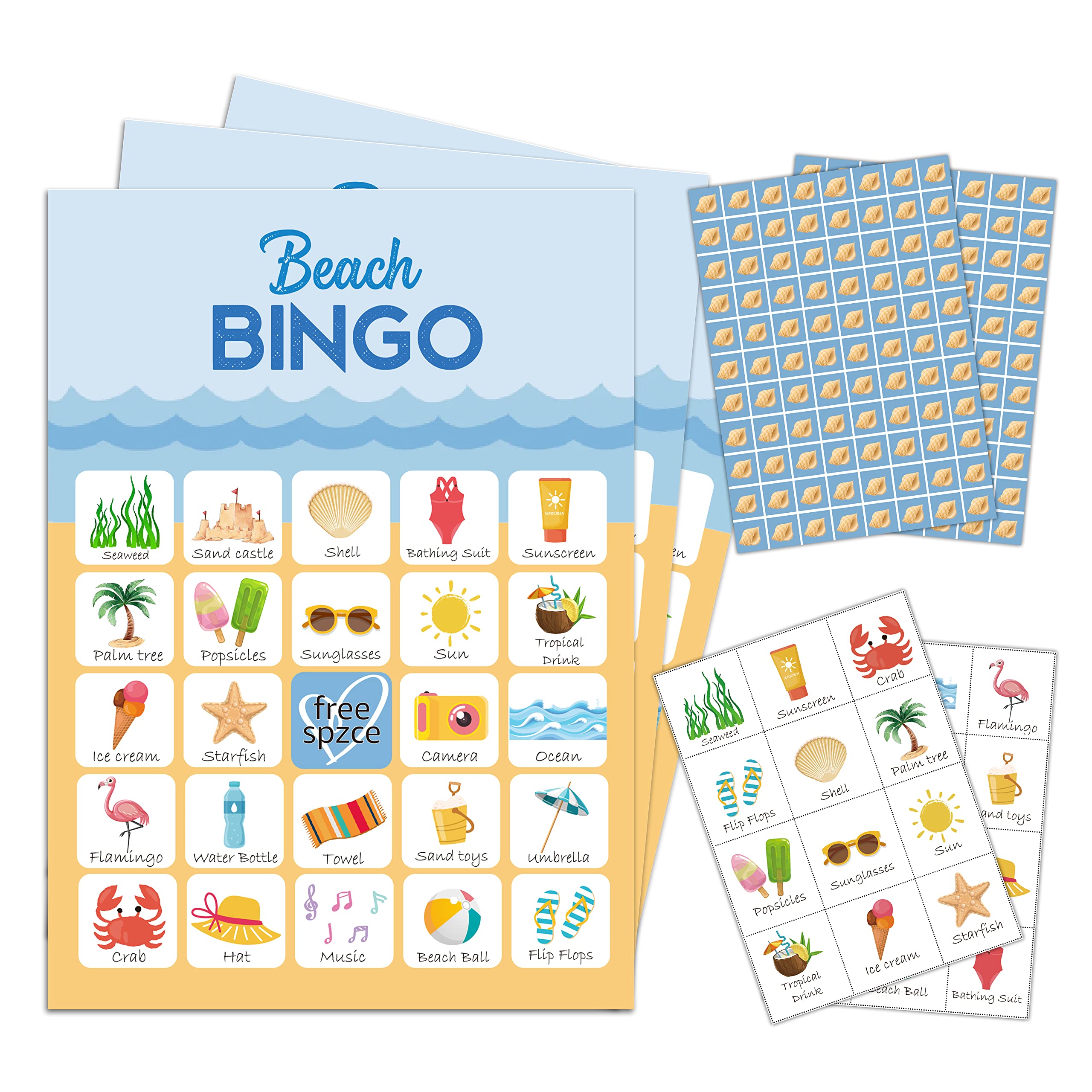 mermermu 5"x7" Beach Bingo Game Cards (24 Kinds), Birthday Party Summer Game, Outdoor Indoor, Hiking, Trip Activities, Family Vacation Travel Bingo, Activity Games -008beach